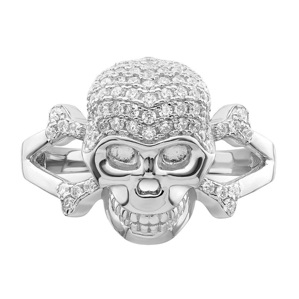 High-Quality Rhodium-Plated Sterling Silver Skull Ring with CZ Accents