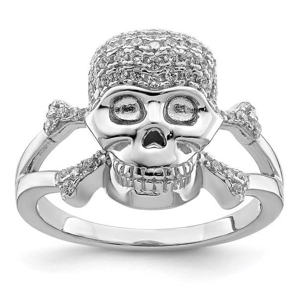 Rhodium-Plated Sterling Silver Skull Ring with CZ Accents