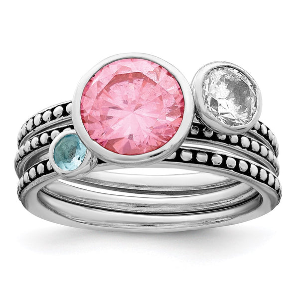 Sterling Silver Rhodium-Plated Ring Set with Pink & White CZ