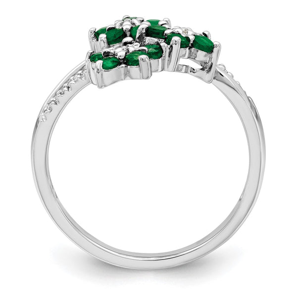 Rhodium-Plated Sterling Silver Ring with Emerald Flowers & Diamonds