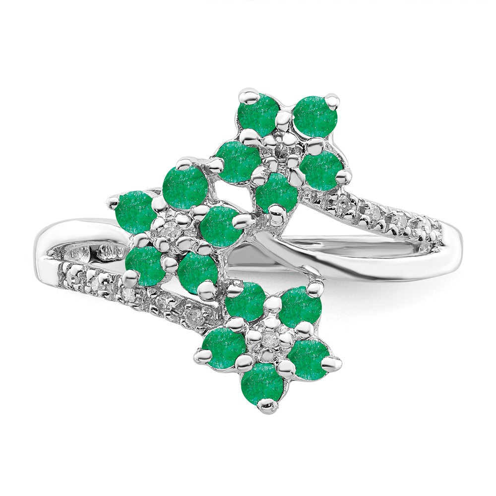 Exclusive Rhodium-Plated Sterling Silver Ring with Emerald Flowers & Diamonds