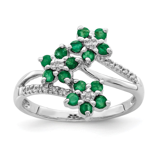 Rhodium-Plated Sterling Silver Ring with Emerald Flowers & Diamonds