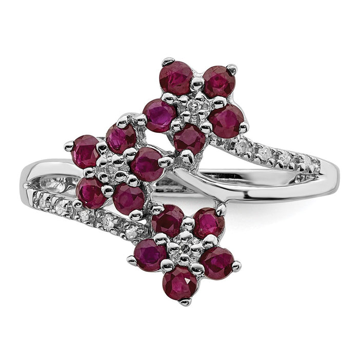 Exclusive Rhodium-Plated Sterling Silver Ring with 3 Ruby & Diamond Flowers-4