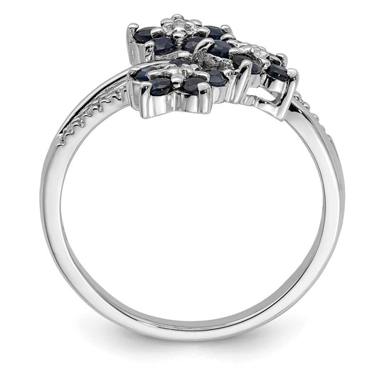 Exclusive Rhodium-Plated Silver Ring: Stylish 3 Flower Design with Sapphires & Diamonds