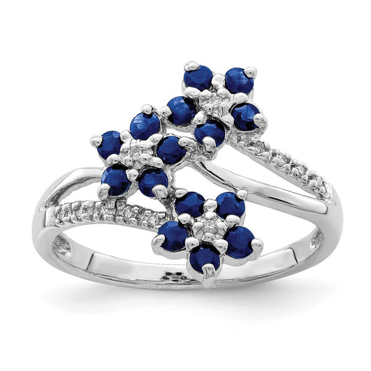 Order a High-Quality Rhodium-Plated Sterling Silver Ring with Sapphire & Diamond Accents - Stylish Flower Design