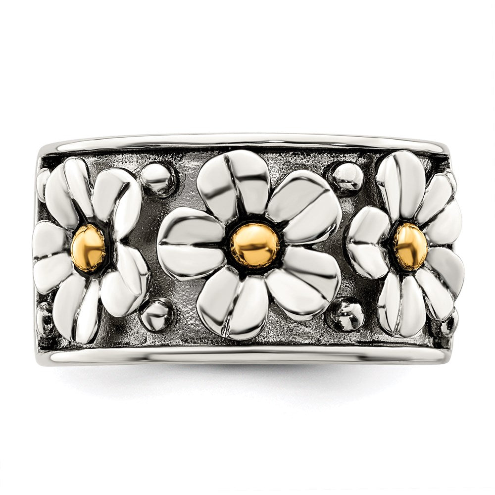High-Quality Antiqued Sterling Silver Daisy Ring with 14K Gold Accents