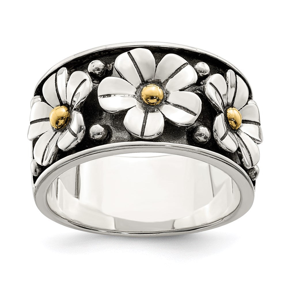 High-Quality Antiqued Sterling Silver Daisy Ring with 14K Gold Accents