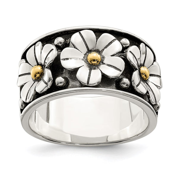Antiqued Sterling Silver Daisy Ring with 14K Gold Accents