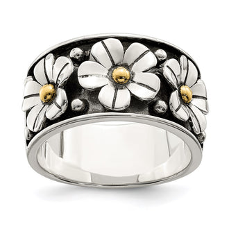 High-Quality Antiqued Sterling Silver Daisy Ring with 14K Gold Accents