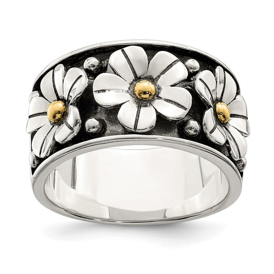 High-Quality Antiqued Sterling Silver Daisy Ring with 14K Gold Accents