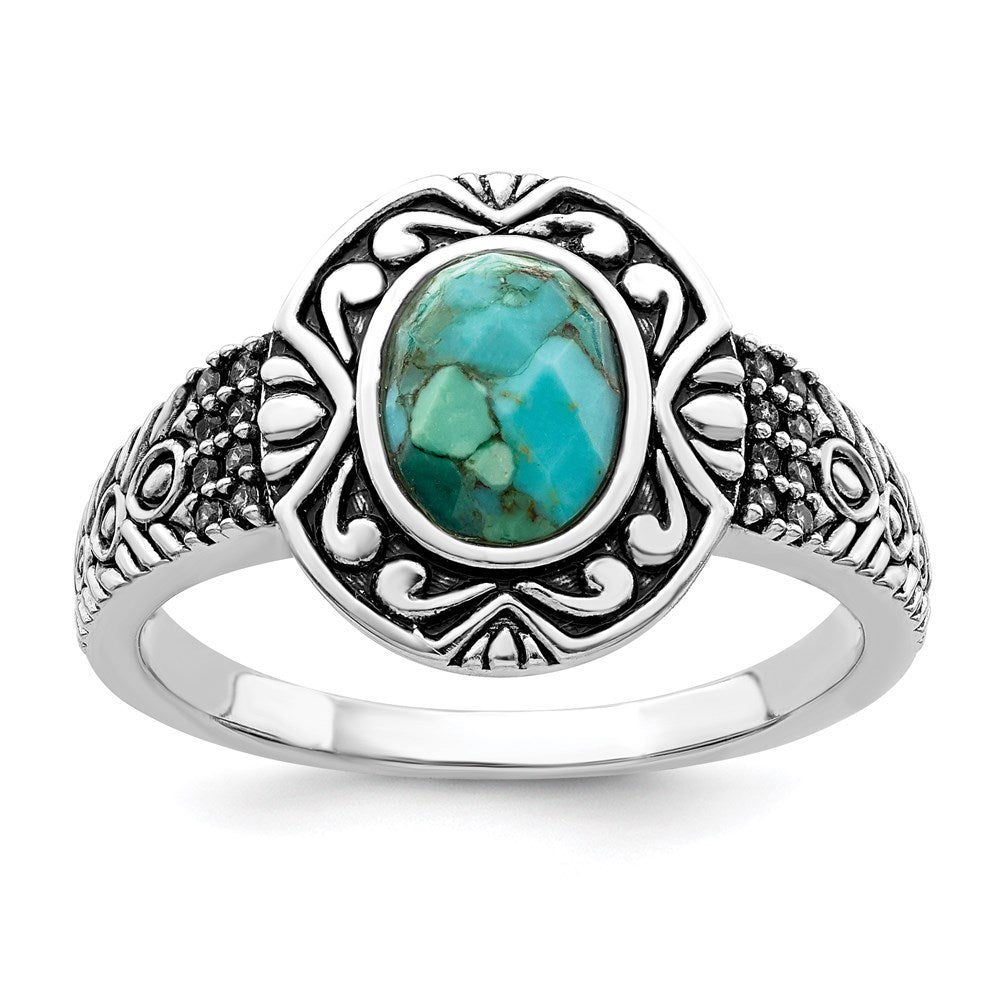 Exclusive Rhodium-Plated Sterling Silver Ring with Reconstructed Turquoise - Stylish Design