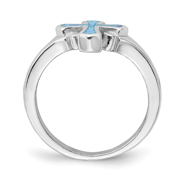 Rhodium-Plated Sterling Silver Cross Ring with Blue Opal Inlay