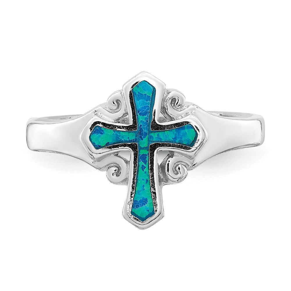 Shop Stylish Rhodium-Plated Sterling Silver Blue Inlay Opal Cross Ring, 14K