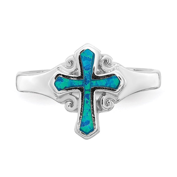 Shop Stylish Rhodium-Plated Sterling Silver Blue Inlay Opal Cross Ring, 14K-4