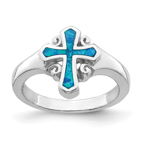 Rhodium-Plated Sterling Silver Cross Ring with Blue Opal Inlay