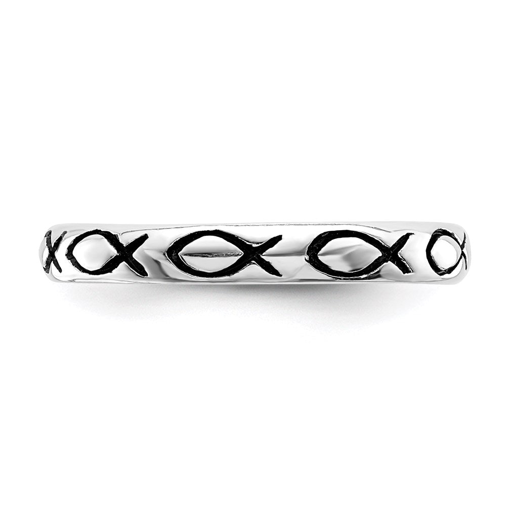 High-quality Polished Antiqued Ichthus Ring, Rhodium-Plated Sterling Silver