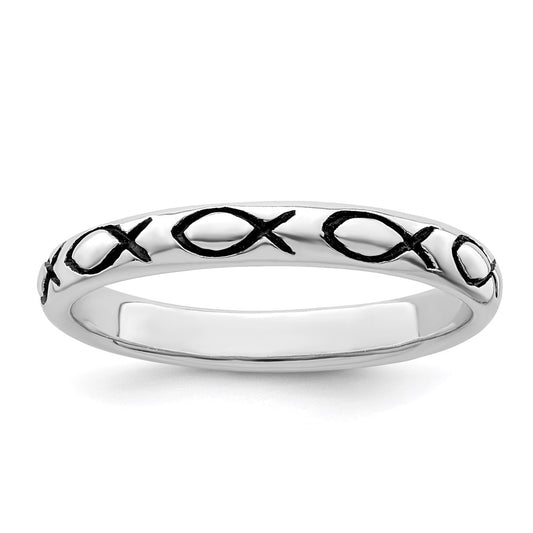 High-quality Polished Antiqued Ichthus Ring, Rhodium-Plated Sterling Silver