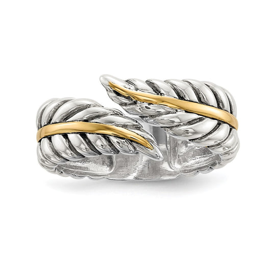 Exclusive Antiqued 14K Gold Leaf Bypass Ring in Sterling Silver - Stylish Value!