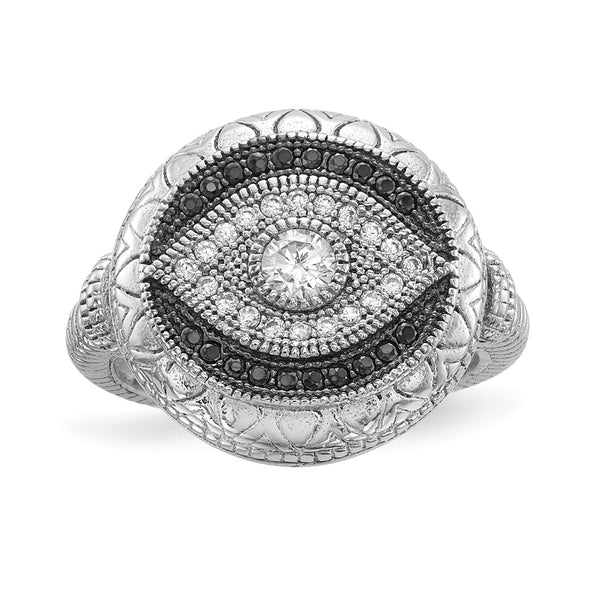 Rhodium-Plated Sterling Silver Evil Eye Ring with CZ, 14K