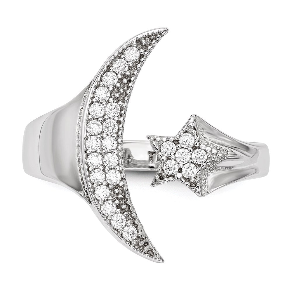 High-Quality Rhodium-Plated Sterling Silver Ring with CZ Moon & Star Design