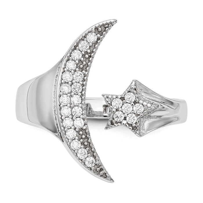 High-Quality Rhodium-Plated Sterling Silver Ring with CZ Moon & Star Design-4