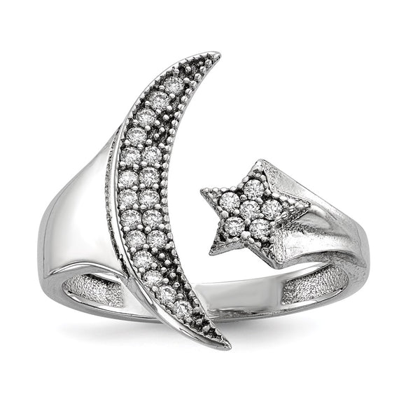 Rhodium-Plated Sterling Silver Ring with CZ Moon & Star