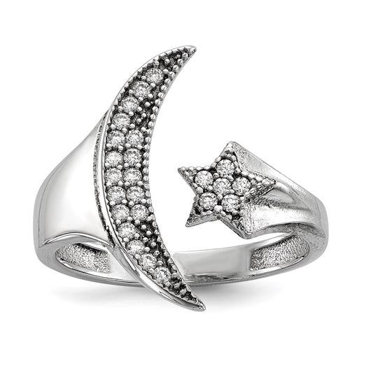 Shop Stylish Rhodium-Plated Sterling Silver Ring with CZ Moon & Star Design
