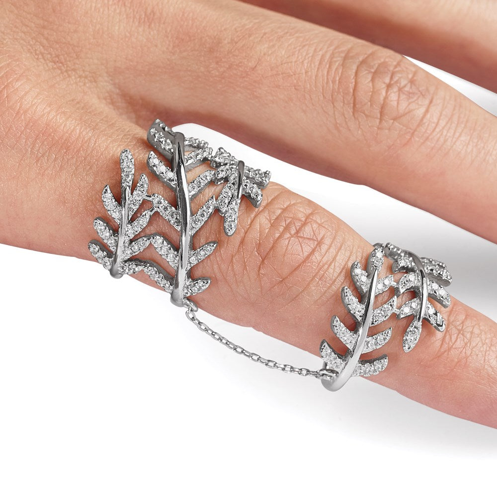 Buy Stylish Rhodium-Plated Sterling Silver CZ Leaf Ring, Adjustable Design