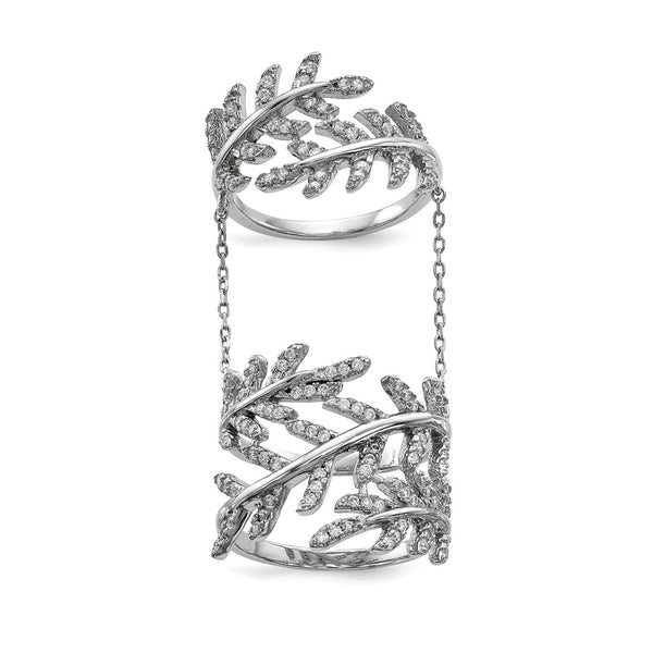 Rhodium-Plated Sterling Silver CZ Leaf Ring - Extender