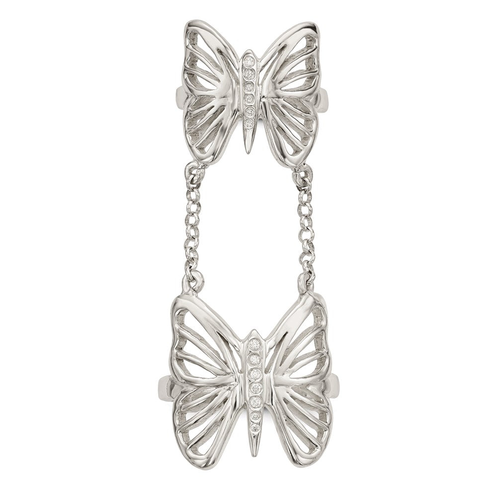 Shop Stylish Polished Sterling Silver Double Finger Ring with CZ Butterfly Design