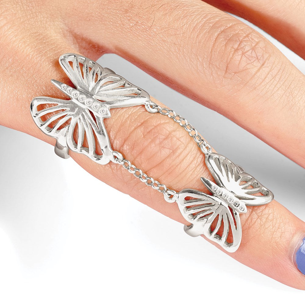 Shop Stylish Polished Sterling Silver Double Finger Ring with CZ Butterfly Design
