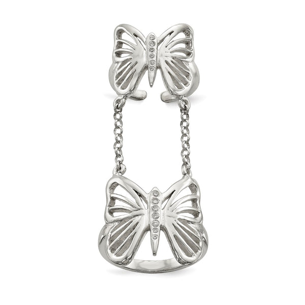 Polished Sterling Silver Double Finger Ring with CZ Butterfly