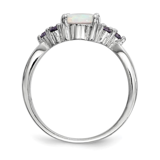 Buy Stylish Rhodium-Plated Sterling Silver Oval Created Opal Ring  | Affordable Purple CZ Accents