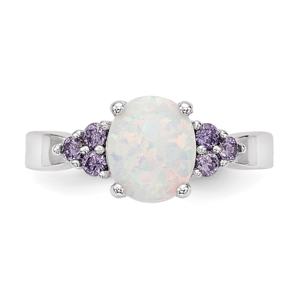 Buy Stylish Rhodium-Plated Sterling Silver Oval Created Opal Ring  | Affordable Purple CZ Accents