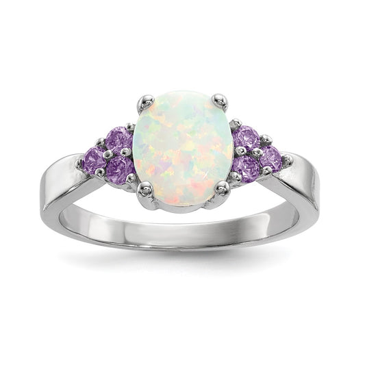 Buy Stylish Rhodium-Plated Sterling Silver Oval Created Opal Ring  | Affordable Purple CZ Accents