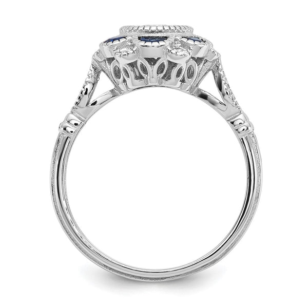Rhodium-Plated Sterling Silver Flower Ring, CZ Blue Sapphire