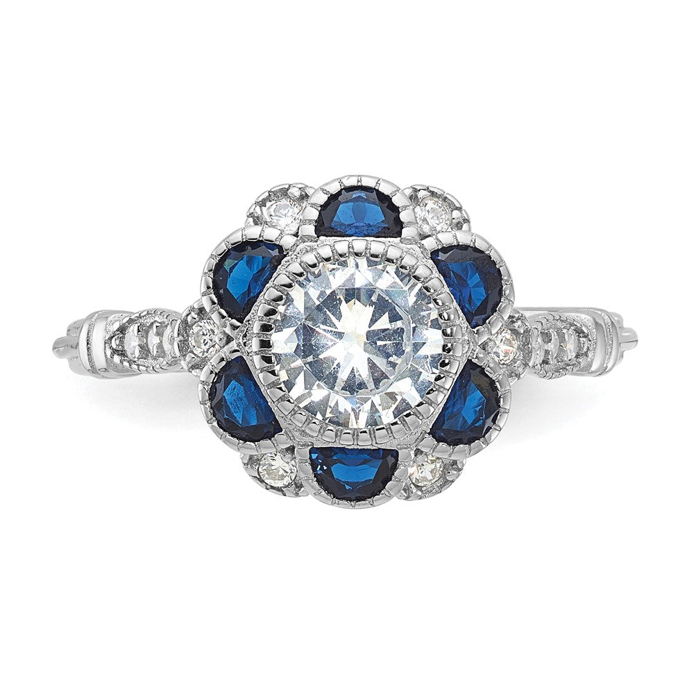 Buy Stylish Rhodium-Plated Sterling Silver Flower Ring, CZ & Blue Sapphire