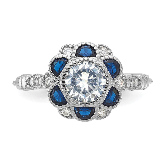 Buy Stylish Rhodium-Plated Sterling Silver Flower Ring, CZ & Blue Sapphire-4
