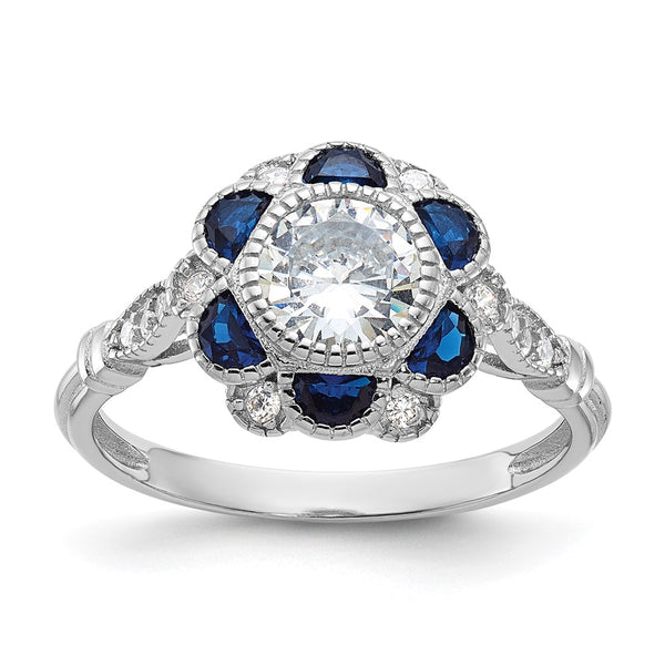 Rhodium-Plated Sterling Silver Flower Ring, CZ Blue Sapphire