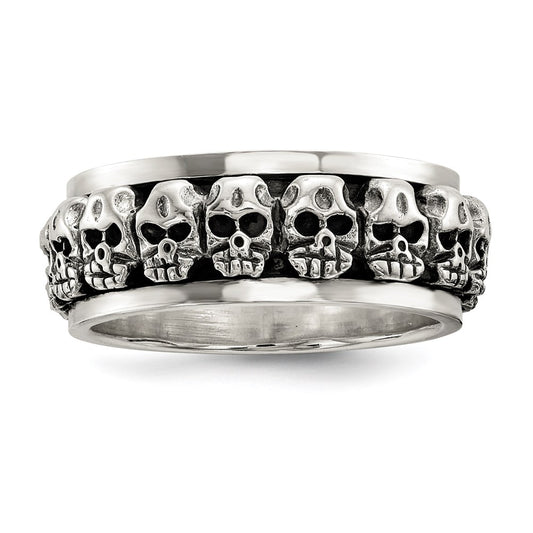 Exclusive Polished Sterling Silver Spinning Skull Ring - Stylish Antiqued Finish