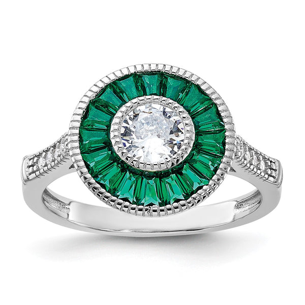Rhodium-Plated Sterling Silver Ring with Green Spinel & CZ