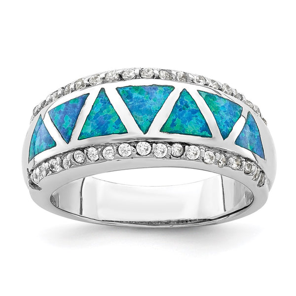 Rhodium-Plated Sterling Silver Triangle Ring with Blue Opal