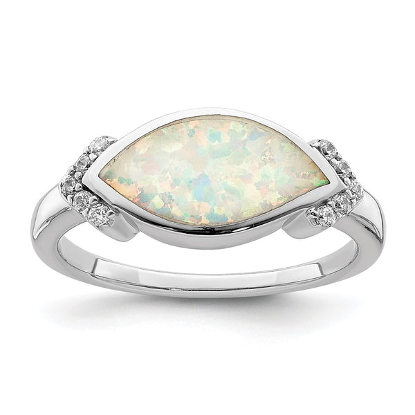 Rhodium-Plated Sterling Silver Marquise Ring with Opal & CZ