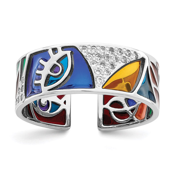 Rhodium-Plated Sterling Silver Cuff Ring with CZ Accents, 7.5"