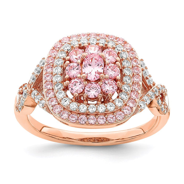Sterling Silver Cushion Ring - Rose Gold Plated, CZ Stones