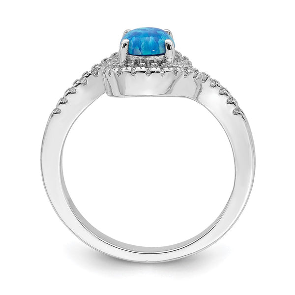 Rhodium-Plated Sterling Silver Halo Ring with Blue Opal & CZ Accents