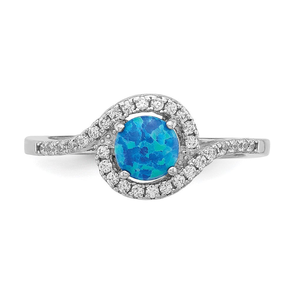 High-Quality Rhodium-Plated Sterling Silver Halo Ring with Blue Opal & CZ Accents