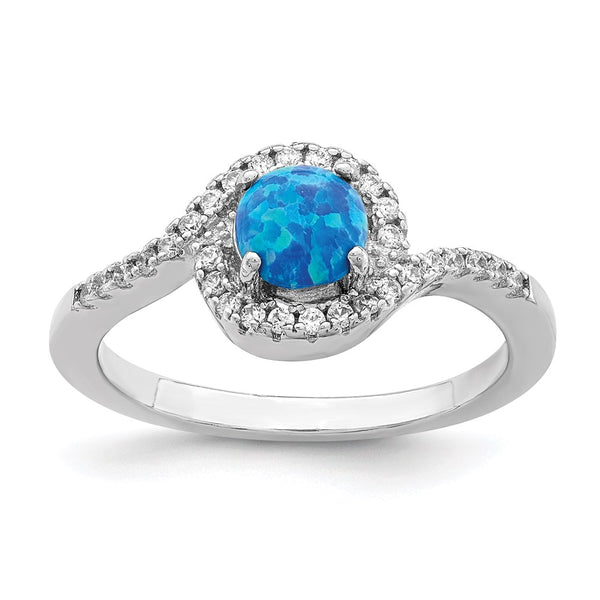 Rhodium-Plated Sterling Silver Halo Ring with Blue Opal & CZ Accents