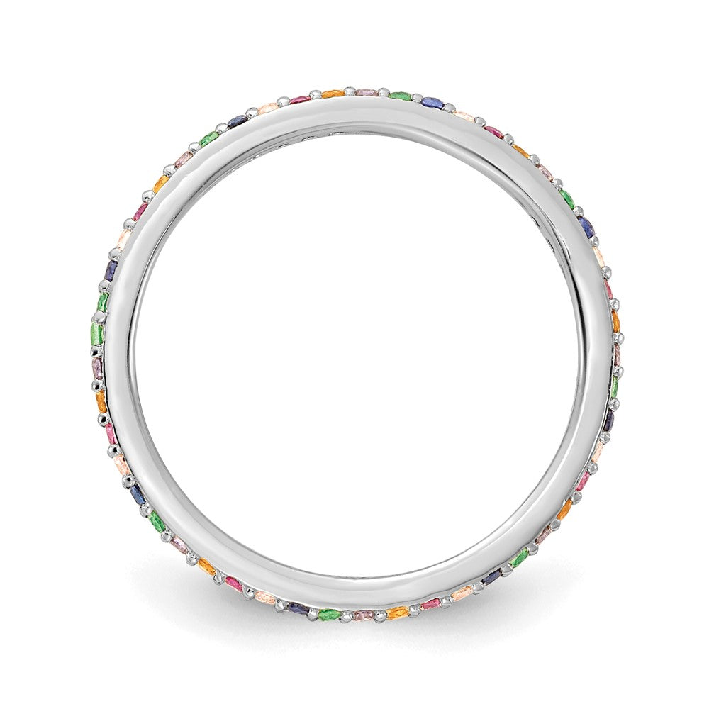Exclusive Prizma Colorful CZ Thin Band Ring - Stylish Rhodium-Plated Silver