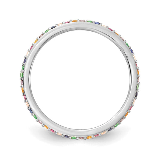 Exclusive Prizma Colorful CZ Thin Band Ring - Stylish Rhodium-Plated Silver
